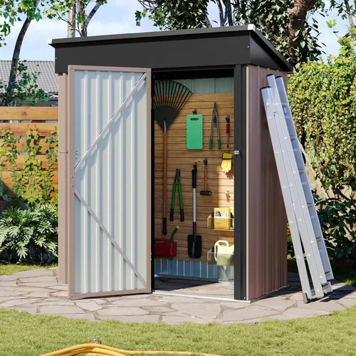 Miniatura 9 de Aoxun Caseta metálica de almacenamiento para exteriores, 4.6 x 2.5 pies, para jardín, para botes de basura, herramientas y bicicletas, color marrón