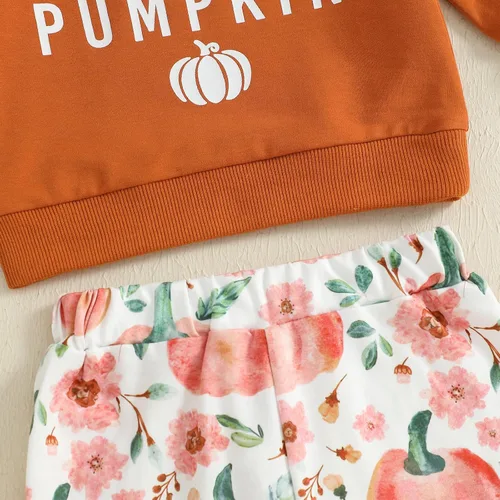 Miniatura 73 de Conjunto de sudadera con cuello redondo y estampado de pastel de calabaza para niña, camiseta y pantalones acampanados