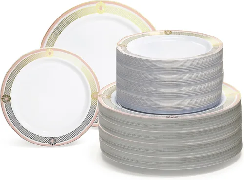 Miniatura 15 de OCASIONES" Paquete de 50 platos (25 invitados) - Juego de platos de plástico desechables pesados para fiestas de boda - 25 x 10.5'' cena + 25 x
