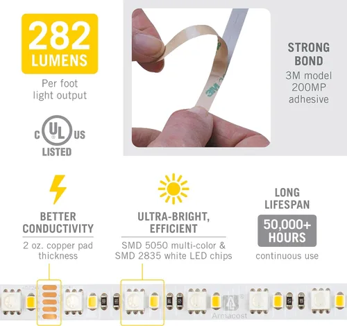 Miniatura 5 de Armacost Lighting RibbonFlex Pro - Cinta de luz LED multicolor y blanca de 60 + 60 LEDs/m, 8.2 pies (8.2 ft) (624210)