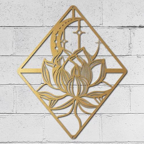 Miniatura 7 de CREATCABIN Arte de pared de loto de metal con diseño de luna y flores, adornos negros, letreros para decoración de pared, escultura colgante