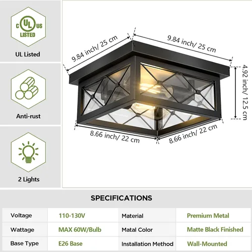 Miniatura 8 de Asnxcju Luminarias de Techo Estilo Granja para Montaje, Lámpara de Techo Empotrada Negra de 2 Luces con Pantalla de Vidrio Transparente, Lámpara