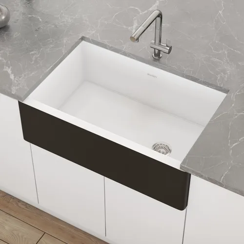 Miniatura 2 de Ruvati RVL4018RBW - Fregadero de cocina de drenaje compensado de arcilla refractaria de 30 pulgadas en blanco y negro