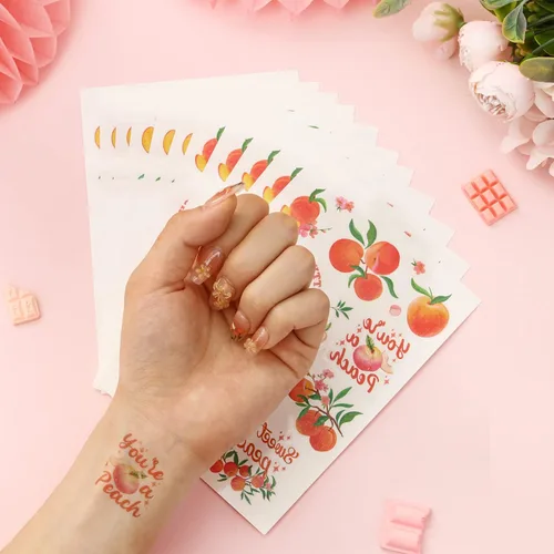 Miniatura 3 de Tatuajes temáticos de melocotón rosa, tatuajes temporales de frutas para decoraciones de fiesta de verano, simplemente decoración de melocotón