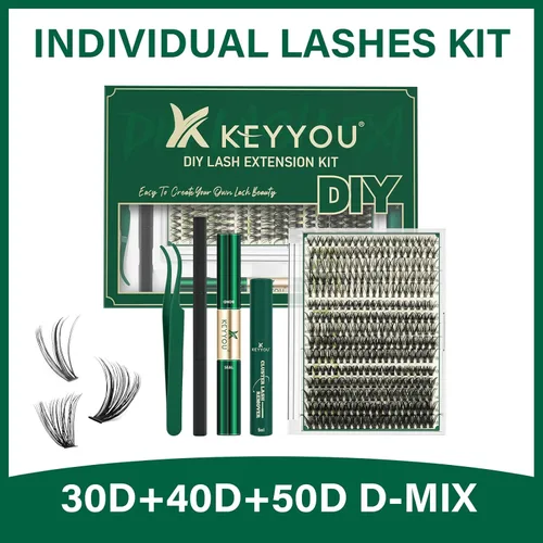 Miniatura 8 de Kit de extensión de pestañas DIY KEYYOU 300 piezas, kit de racimos de pestañas con removedor de pegamento y aplicador, fácil de usar
