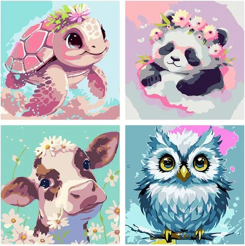 FQOVKYN Paquete de 4 pinturas por números para niños, kit de pintura por números de animales lindos para adultos principiantes, pintura acrílica