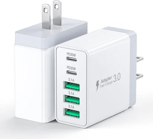 Miniatura 14 de [Paquete de 2] Cargador de pared USB C, bloque de cargador tipo C de 60 W, bloques de carga rápida de 5 puertos, enchufe multipuerto 3USB C+2USB A
