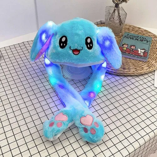 Miniatura 6 de Sombrero de conejo con orejas que se mueven de umbresen, sombrero de conejo de peluche divertido para niños Led azul