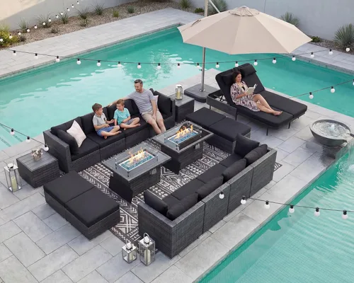 Miniatura 98 de NICESOUL Juego de muebles de patio para exteriores de 7 piezas con mesa para hoguera, gas natural y propano convertible, respaldo alto de 29.3
