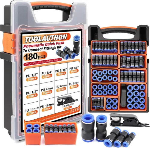 Miniatura 9 de Kit de accesorios de aire de empuje para conectar, 180 piezas, imperial de 1/8", 1/4", 5/16", 3/8", 1/2" y métrico 4,6,8,10,12 in surtido neumático