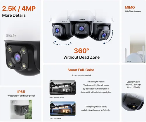Miniatura 2 de Tenda Cámara de seguridad Wi-Fi 2K QHD para exteriores, enchufe de 4MP, cobertura completa de 360°, visión nocturna a color, detección de movimiento