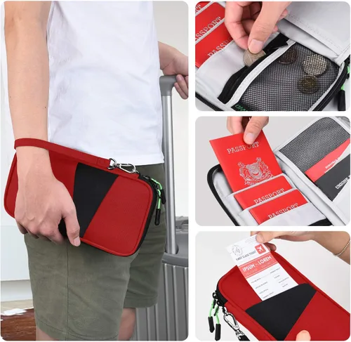Miniatura 5 de Cartera de viaje RFID para pasaporte familiar, organizador de documentos impermeable con cremallera y correa de muñeca extraíble, Rojo, Elegante