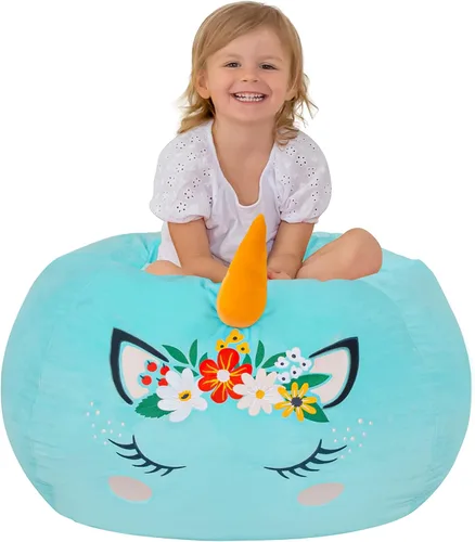Miniatura 21 de Aubliss Puf de Almacenamiento de Animales de Peluche, Silla Puf de Unicornio, Stuff 'n Sit para Niños, Mediano 32" - Lona Unicornio Azul Azul