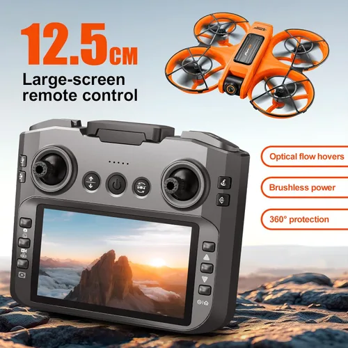 Miniatura 4 de Drone con pantalla grande de control remoto (12.5 cm), mini avión con cámaras duales, 2 baterías, giros de 360°, protección completa de hélice