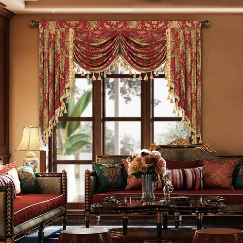 Miniatura 22 de Loom and Mill Cenefa de cascada de lujo de jacquard para sala de estar, elegantes cenefas de ventana con festones y cuentas damascadas, cortinas