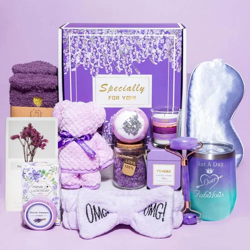 Regalos de cumpleaños para mujeres, regalos para ella, cesta de regalos morada para mujer, juego de regalo relajante de lavanda, paquete de cuidado