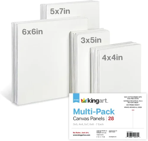 KINGART 833-28 Paneles de lienzo estirados, 100% algodón, triple imprimado, para acrílico, óleo y medios mixtos, blanco, mini surtido, paquete de 28