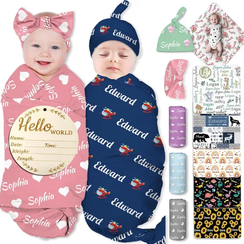 Miniatura 13 de Manta de bebé personalizada para niña y niño, manta de recepción con nombre personalizado con diadema de lazo y sombrero, regalos personalizados