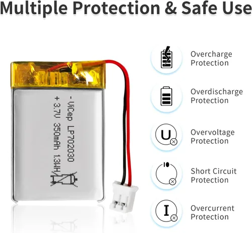 Miniatura 4 de Batería de polímero de litio de 3.7 V 350 mAh 702030 recargable con cables y conector JST-PHR-02 de 2 pines para altavoz Bluetooth y dispositivo