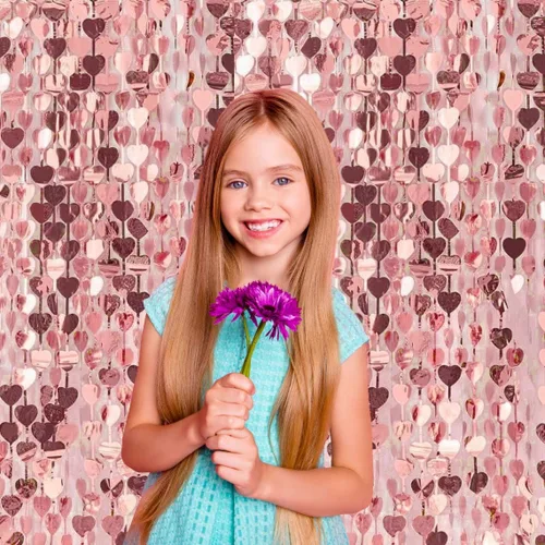 Miniatura 5 de Cortina de papel de aluminio de corazón de oro rosa, 2 piezas, oropel metálico con flecos, decoraciones de despedida de soltera, telón de fondo