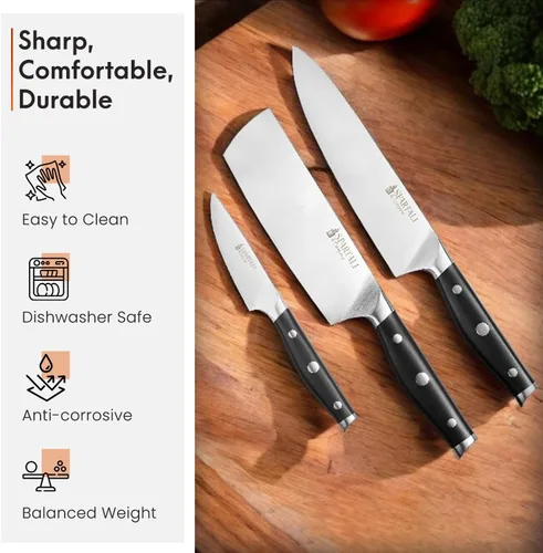 Miniatura 8 de Juego de cuchillos de cocina de 3 piezas, incluye cuchillo de chef de 8 pulgadas, Nakiri de 7 pulgadas, pelado de 3.5 pulgadas, cuchillas de acero