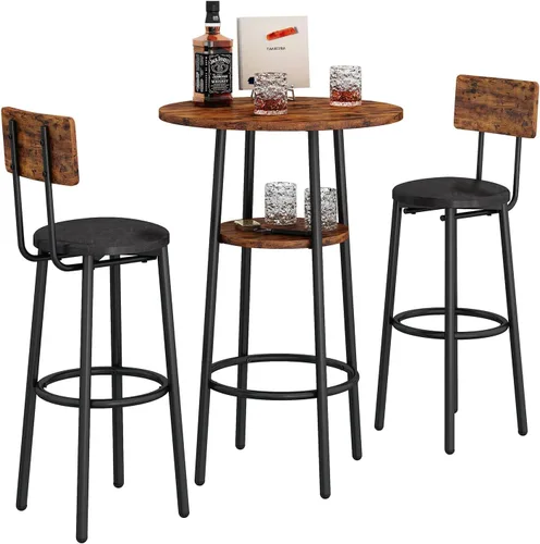 Miniatura 4 de Juego de mesa de comedor de 3 piezas para 2, pequeña mesa de cocina redonda con 2 sillas, mesa de bar de altura de mostrador con almacenamiento