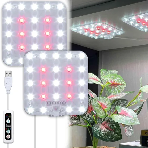 Luz LED de espectro completo para cultivo de plantas de interior, 2 paneles de 10 W con temporizador de 6/12/16 horas, luces regulables para plantas