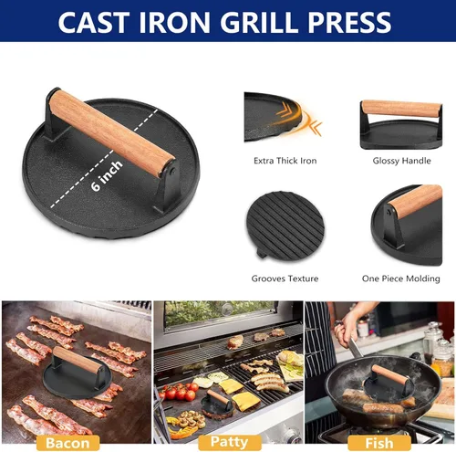Miniatura 5 de 18 piezas de kit de accesorios para parrilla de Joyfair, juego de accesorios para parrilla de parte superior plana con prensa para hamburguesas