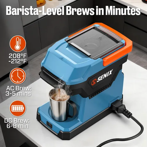 Miniatura 3 de SENIX Cafetera portátil con batería de 5000 mAh, cafetera eléctrica de doble CA/CC para automóvil/RV/camping, cafetera de viaje inalámbrica al aire