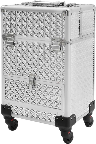 Miniatura 11 de Estuche de maquillaje con ruedas y mango telescópico, cajón con cerradura, estuche de maquillaje rodante, organizador de cosméticos, para estilista