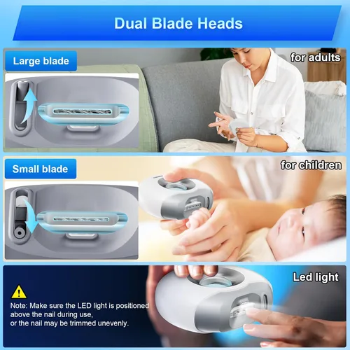 Miniatura 6 de Cortaúñas eléctrico inteligente con cabezales de doble hoja, luz LED, recortador automático de uñas, cortador de uñas y molinillo para uñas, seguro