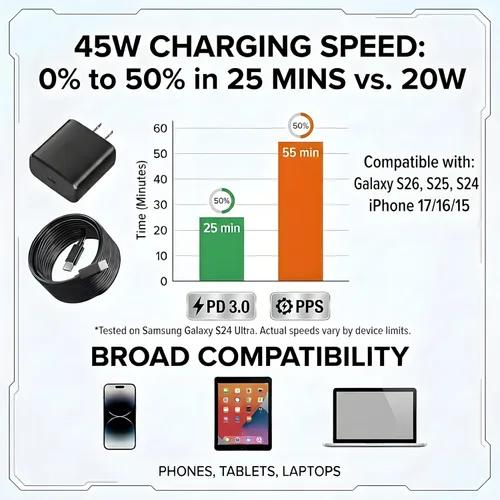 Miniatura 3 de Galaxy S26 S25 45W para cargador Android, bloque USB C de carga súper rápida, PD PPS de carga rápida tipo C, cable de carga rápida de 10 pies