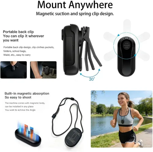 Miniatura 5 de JETO Mini cámara corporal 4K, cámara de acción POV con clip con cordón magnético, clip trasero giratorio, gran angular de 150°, funda impermeable