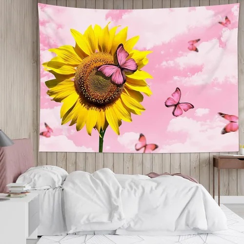 Miniatura 16 de LB Tapiz de nube rosa para colgar en la pared, cielo azul y fantasía, nube pastel, paisaje natural, tapiz de pared para dormitorio, arte de pared