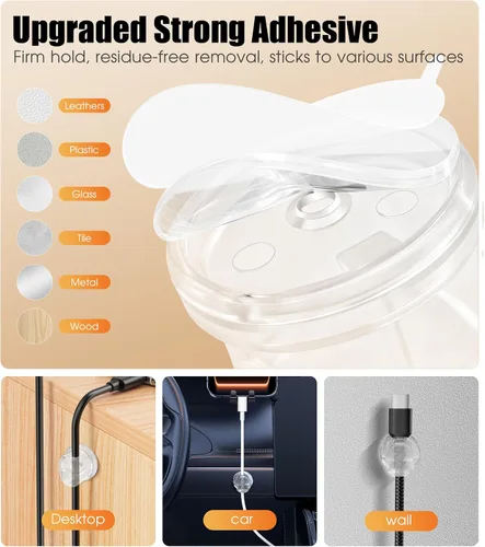 Miniatura 6 de Paquete de 8 organizadores de cables, clips giratorios en forma de Ω, organización de cables adhesivos fuertes con clavos, soporte para cables