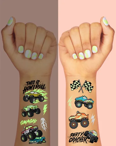 Miniatura 3 de xo, Fetti Tatuajes temporales de camión monstruo que brillan en la oscuridad, 50 estilos de aluminio, decoraciones de fiesta de cumpleaños