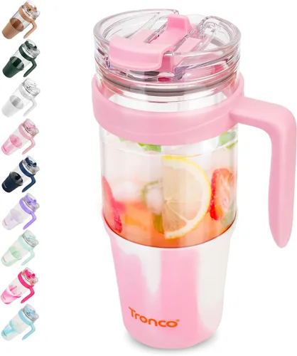 Miniatura 27 de Tronco Vaso de vidrio de 32 onzas con asa, popote y tapa de bambú, cabe en el soporte para tazas, taza de batido de café helado, sin BPA, apto