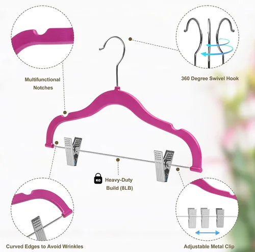 Miniatura 5 de Perchas de plástico de calidad para niños, no aterciopeladas, delgadas, compactas, con clips de metal, para faldas, pantalones, blusas, gancho Rosa