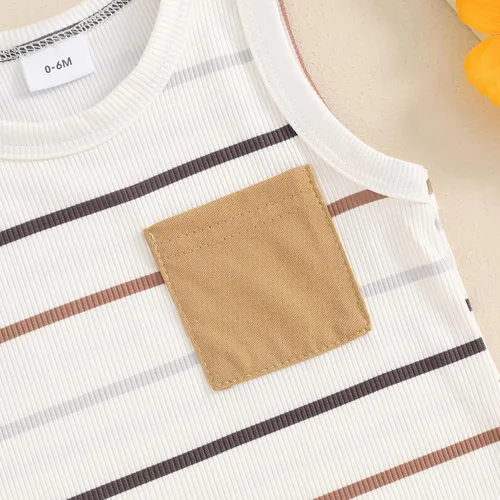 Miniatura 75 de Ropa de bebé niño sin mangas + pantalones cortos con estampado a rayas con bolsillos, 2 piezas de trajes de verano