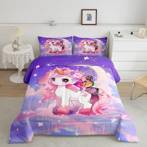 Miniatura 18 de Feelyou Juego de ropa de cama de unicornio para niñas, bonito edredón con purpurina de unicornio de dibujos animados arco iris para niños, juego
