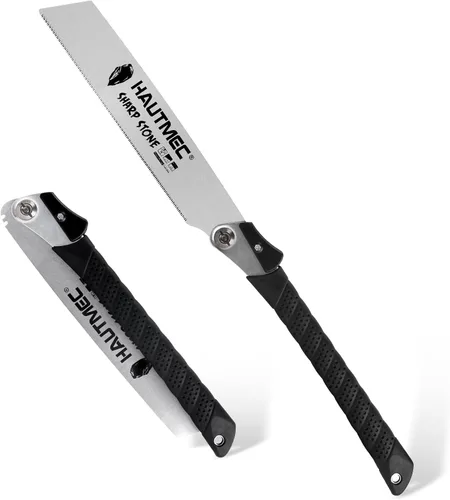 HAUTMEC Sierra de tracción japonesa plegable, sierra de madera de mano de 9 pulgadas con hoja SK5, dientes trapezoidales afilados 17TPI, ángulo de