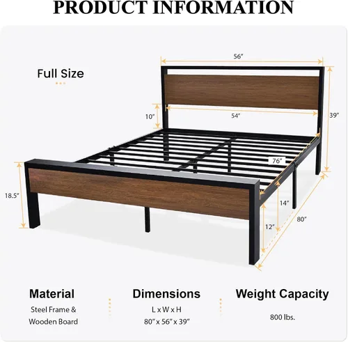 Miniatura 2 de SHA CERLIN Base de cama de plataforma metálica de tamaño completo de 14 pulgadas con cabecero y pie de cama de madera, base de colchón, no necesita