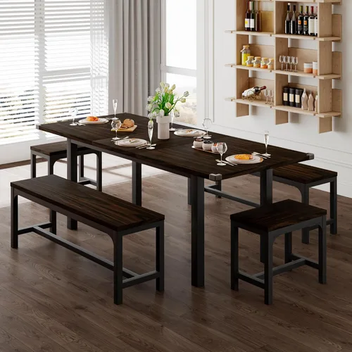 Miniatura 13 de Feonase Juego de mesa de comedor de 5 piezas para 4-8 personas, juego de mesa de cocina grande extensible de 63 pulgadas con 2 bancos y 2 taburetes