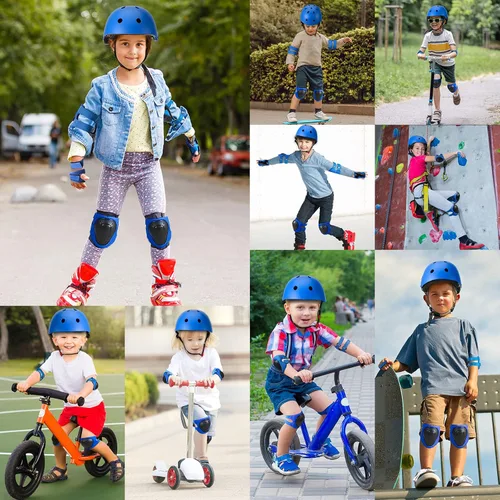 Miniatura 8 de Conjunto de casco de bicicleta para niños pequeños con rodilleras, casco de ciclismo ajustable para niño y niña, equipo de protección Azul