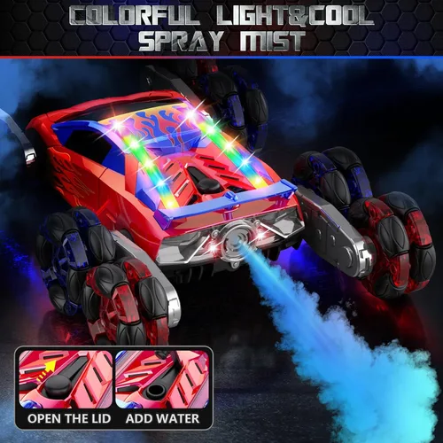 Miniatura 4 de OSIMILY Auto de control remoto 8WD, auto de acrobacias RC con detección de gestos de 2.4 GHz, auto RC con rotación de pulverización fría con luces