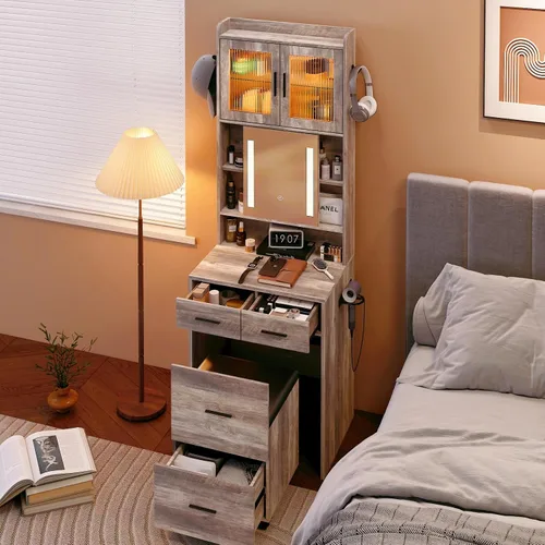 Miniatura 17 de VINGLI Tocador 3 en 1 con espejo deslizante iluminado LED y taburete acolchado sobre ruedas, pequeño tocador de maquillaje con 3 cajones y 2 Negro