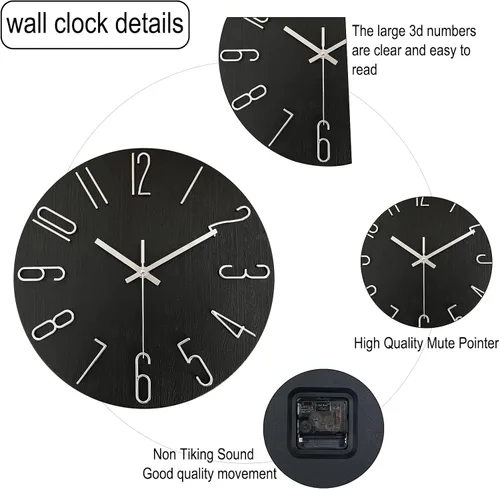 Miniatura 5 de AIRUIFU Reloj de pared de 12 pulgadas, silencioso y sin tictac, moderno, funciona con pilas - Analógico pequeño y clásico para oficina, hogar, baño