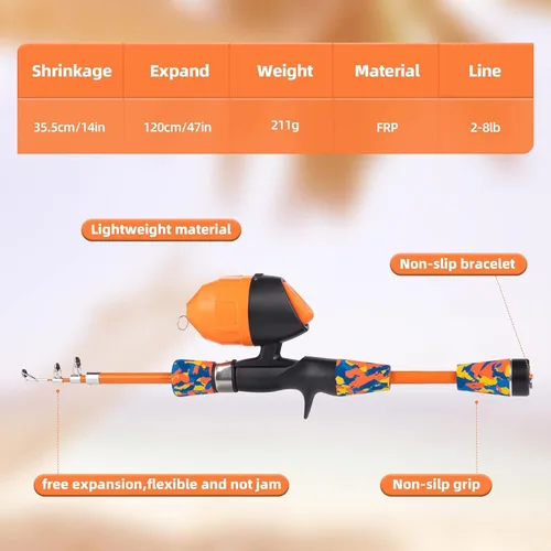 Miniatura 3 de Juego de caña de pescar para niños, caña de pescar telescópica portátil y carrete combo completo para niños, niñas, principiantes, jóvenes