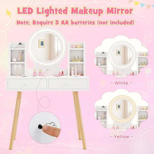 Miniatura 3 de HONEY JOY Juego de tocador para niños, juego de tocador para niñas con espejo y taburete y luces, cajones y estantes de almacenamiento, mesa