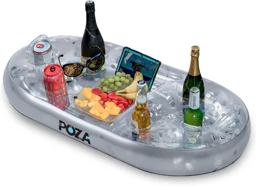 Miniatura 9 de POZA Hielera flotante inflable dorada – Lujoso soporte para bebidas relleno de confeti brillante, flotador de fiesta premium con 8 soportes, barra